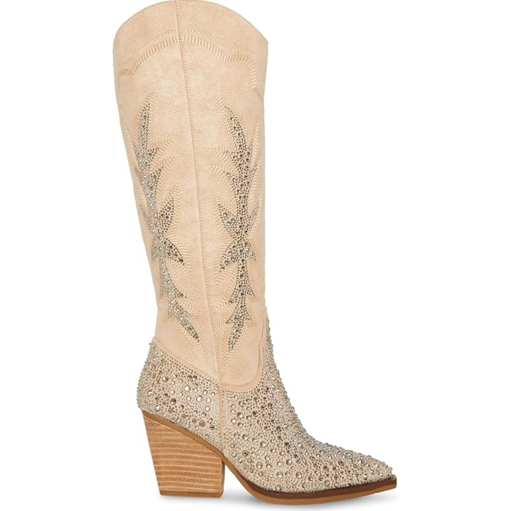 ⭐ NWT ⭐ Madden NYC Glitter Cowgirl Boots Memory Foam Beige/Crystal